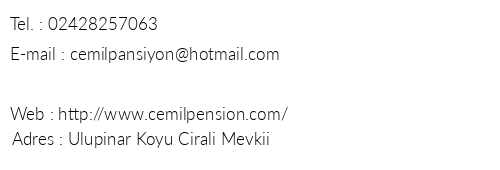Cemil's Pension telefon numaralar, faks, e-mail, posta adresi ve iletiim bilgileri